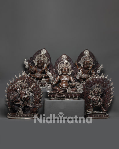 Handcrafted Five Dzambhala statue set for prosperity and protection.