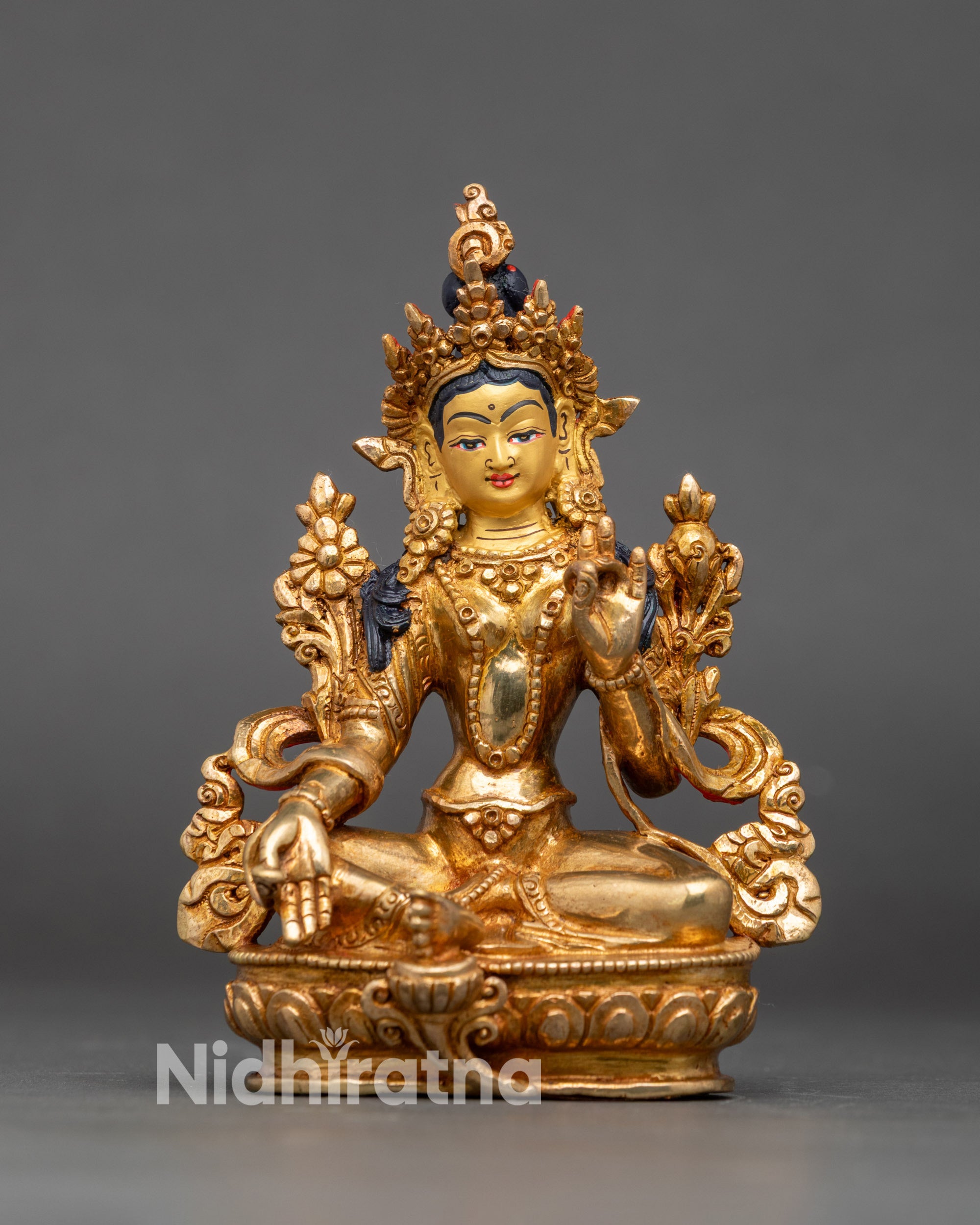 Handcrafted Green Tara Copper Statue with gold fire-gilded finish and painted face