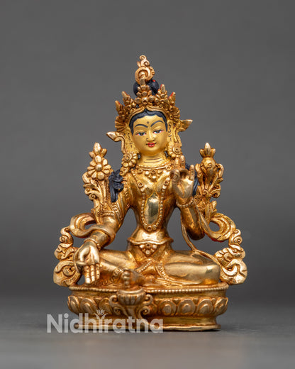 Handcrafted Green Tara Copper Statue with gold fire-gilded finish and painted face