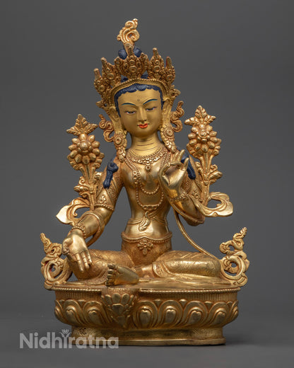 Handcrafted Green Tara Statue in 24K Gold Gilding – Tibetan Buddhist Deity of Compassion