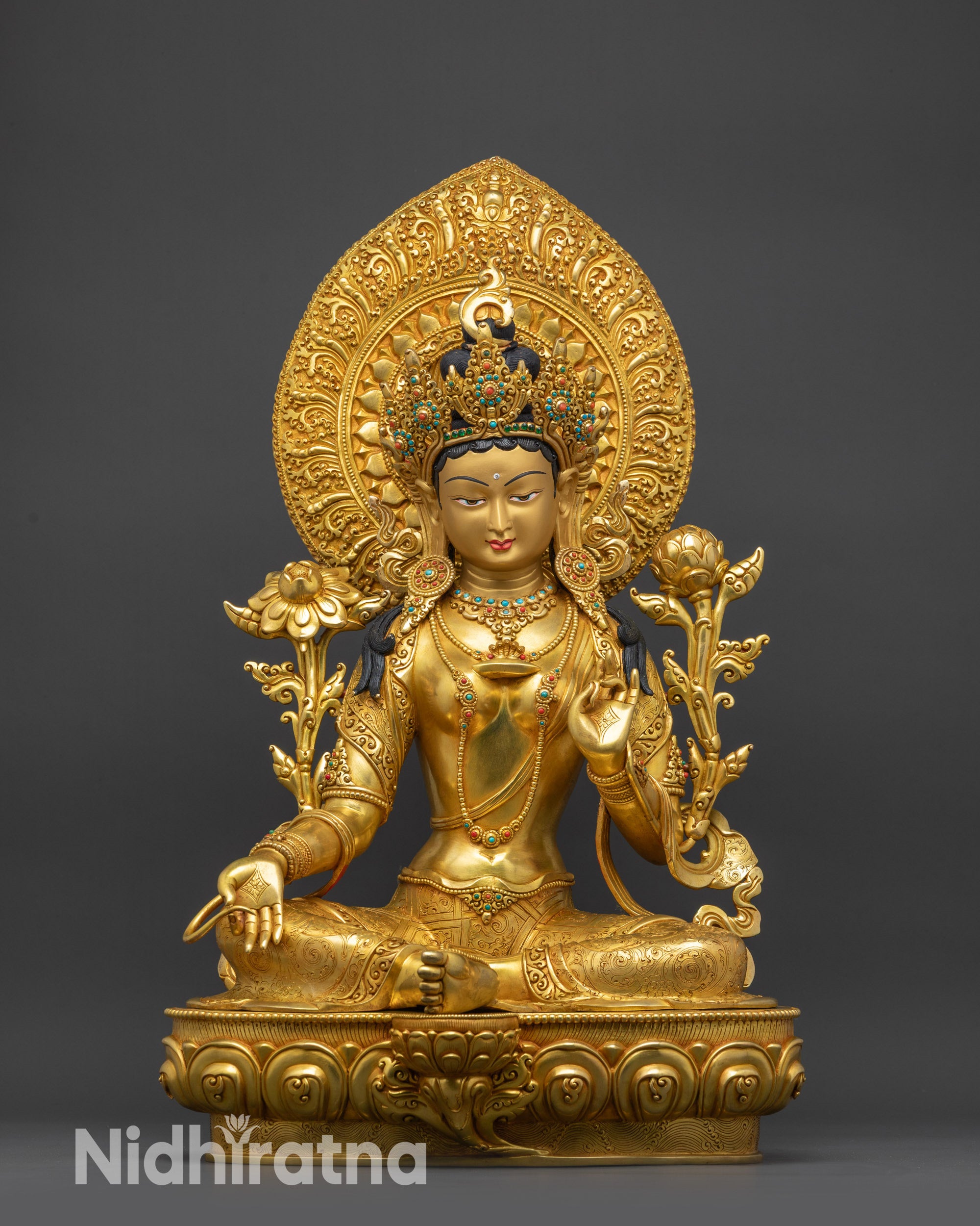 Handcrafted Green Tara Statue with Gold-Gilded Face and Jeweled Crown Nepal