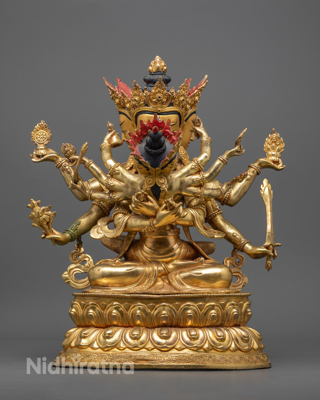 Handcrafted Guhyasamaja Sculpture in 24k Gold-Gilded Copper with Acrylic Colors – Traditional Tibetan Buddhist Art from Nepal