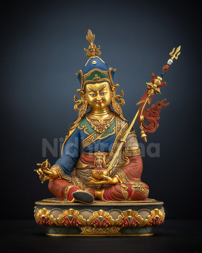 Front view of Guru Rinpoche statue, handcrafted copper with gold fire-gilding and lotus base.
