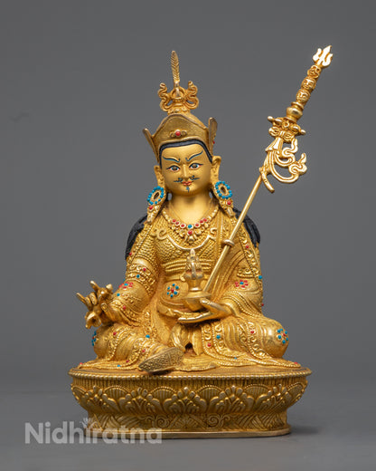 Handcrafted Guru Rinpoche Statue with 24K Gold Gilding and Traditional Tibetan Iconography
