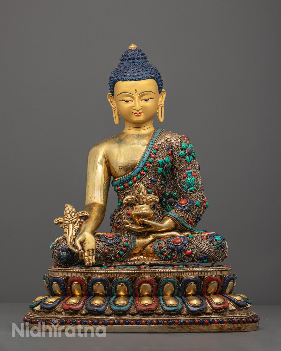 Handcrafted Healing Medicine Buddha Sculpture with Gold-Gilded Face and 24K Fire-Gilded Body