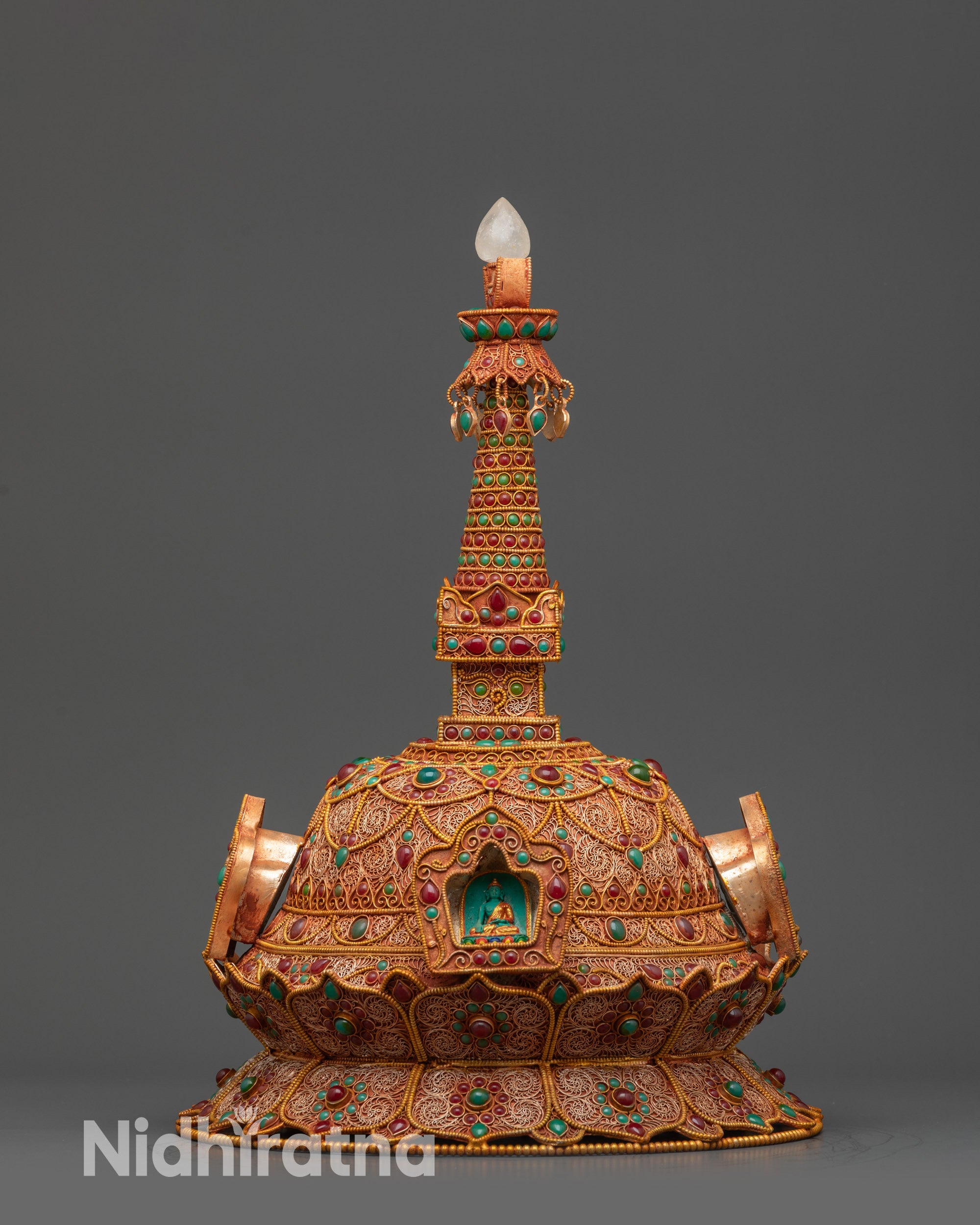 Handcrafted Himalayan Buddhist Stupa crowned with crystal and sacred filigree