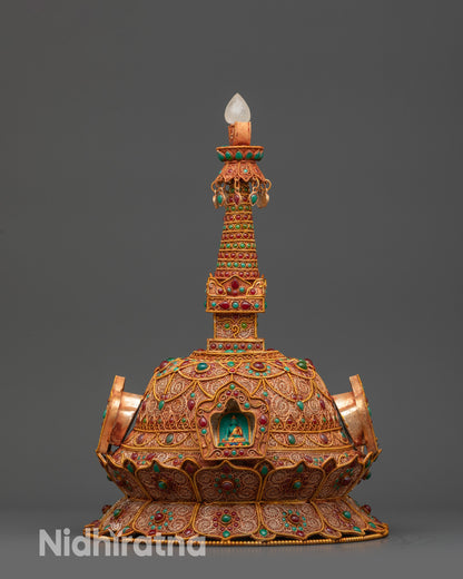 Handcrafted Himalayan Buddhist Stupa crowned with crystal and sacred filigree