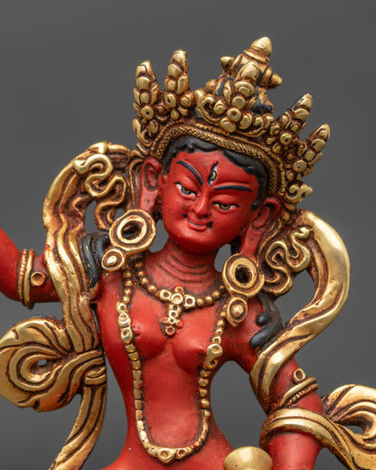 Handcrafted Machig Labdron Statue Close Up Gold-Gilded Copper with Acrylic Colors