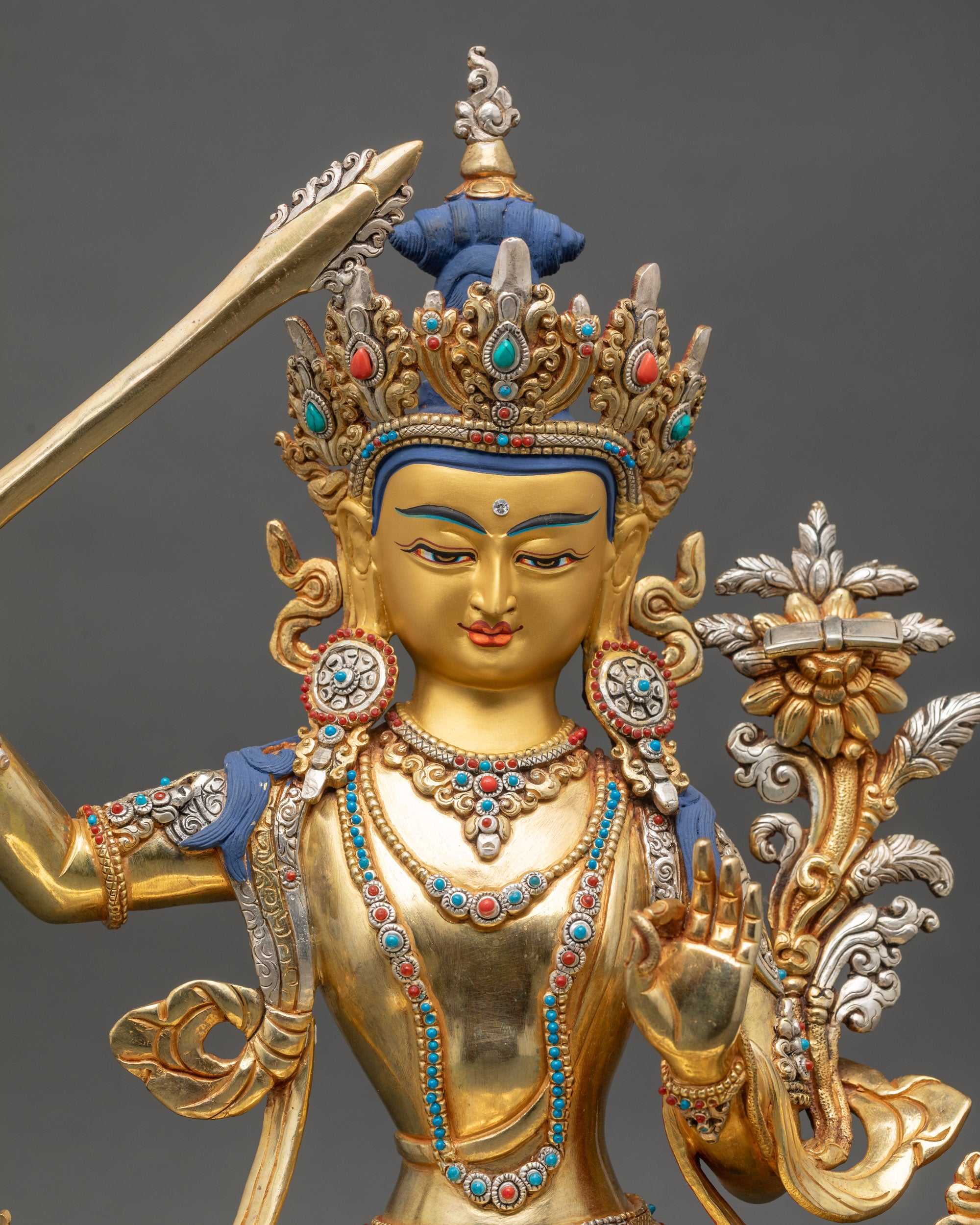 Handcrafted Manjushree Statue detailed close up of robes and lotus seat