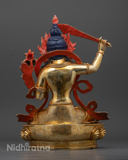 Handcrafted Manjushri Bodhisattva Statue – Seated on a lotus throne, a symbol of purity and spiritual awakening in Tibetan Buddhism.