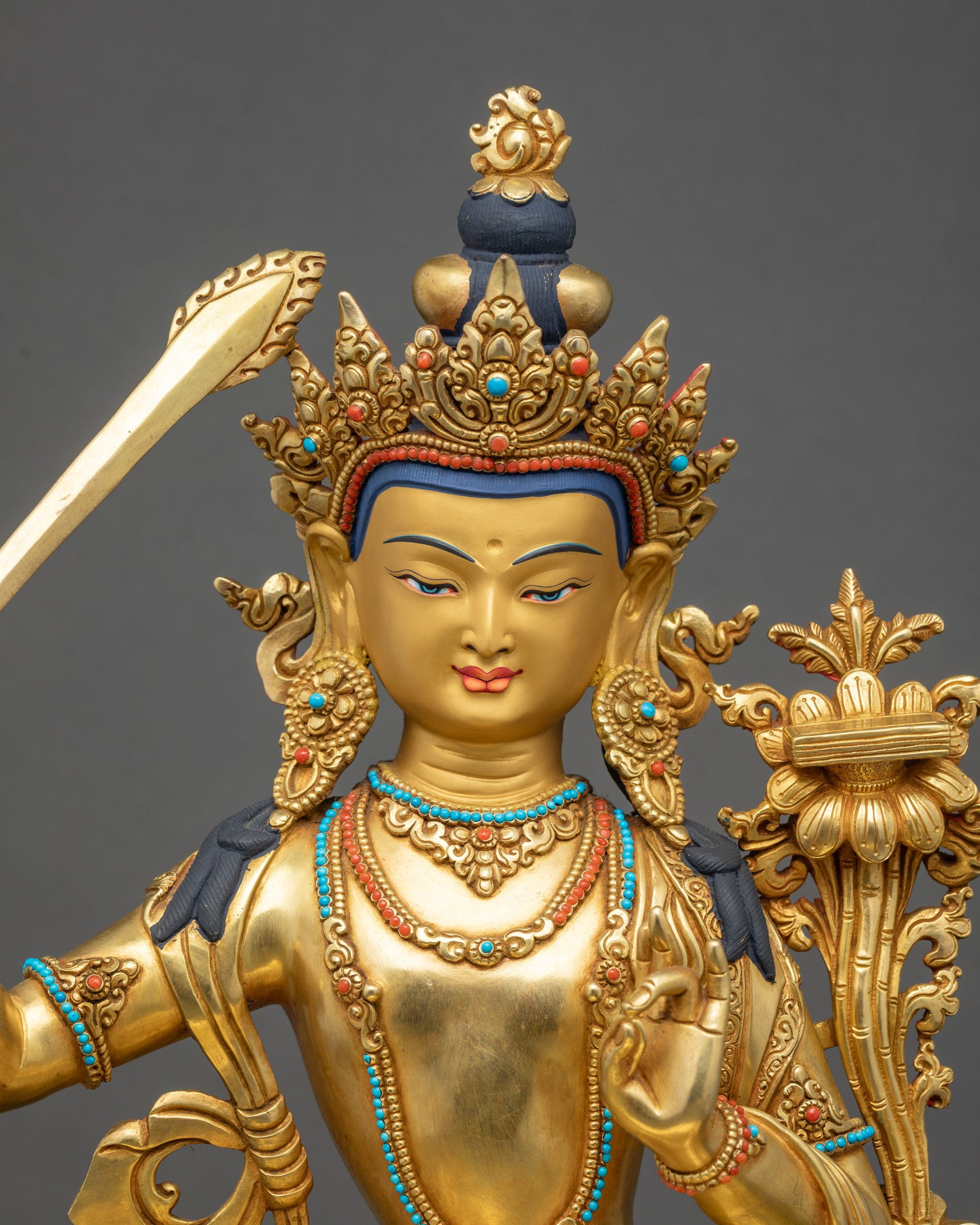 Handcrafted Manjushri Sculpture Copper with Gold Fire Gilding