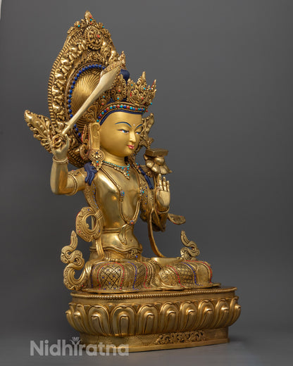 Handcrafted Manjushri Statue – 24k Gold Gilded Copper for Spiritual Wisdom