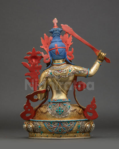 Handcrafted Manjushri Statue back view showing detailed robes and pedestal
