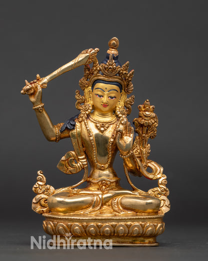 Handcrafted Manjushri Statue for meditation, gold fire-gilded Nepalese copper art