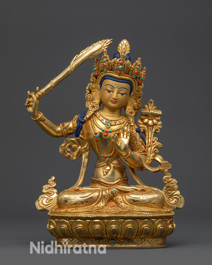 Handcrafted Manjushri Statue front view gold fire-gilded Nepalese Bodhisattva