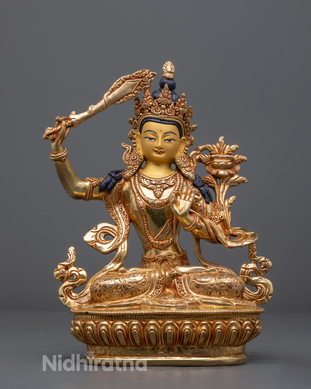 Handcrafted Manjushri Statue with Sword of Wisdom – 24k Gold Gilded Copper Buddhist Art