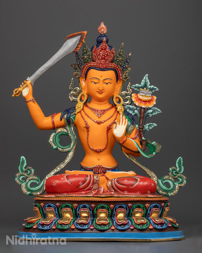 Handcrafted Manjushri statue from Patan, Nepal, made of high-quality copper with vibrant acrylic colors, standing 46.5cm tall and showcasing exceptional traditional craftsmanship.