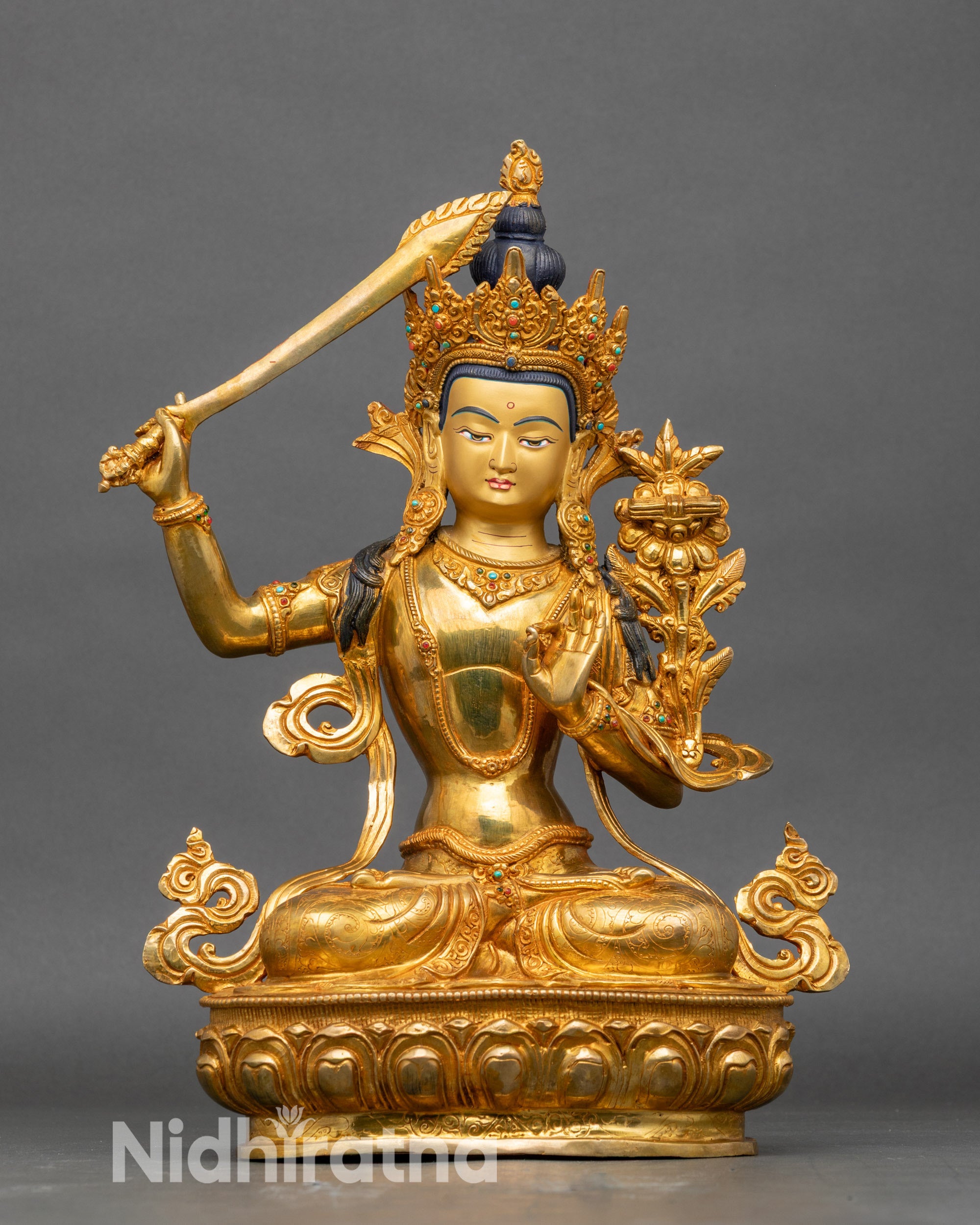 Handcrafted Manjushri wisdom statue, copper fire-gilded Nepalese Buddhist sculpture