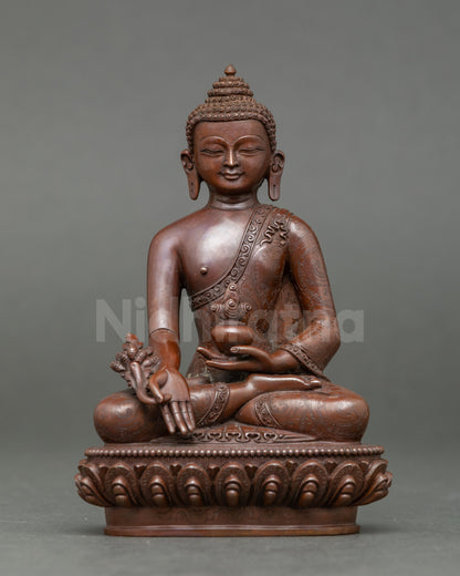 Handcrafted Medicine Buddha statue from Patan Nepal holding healing nectar and myrobalan