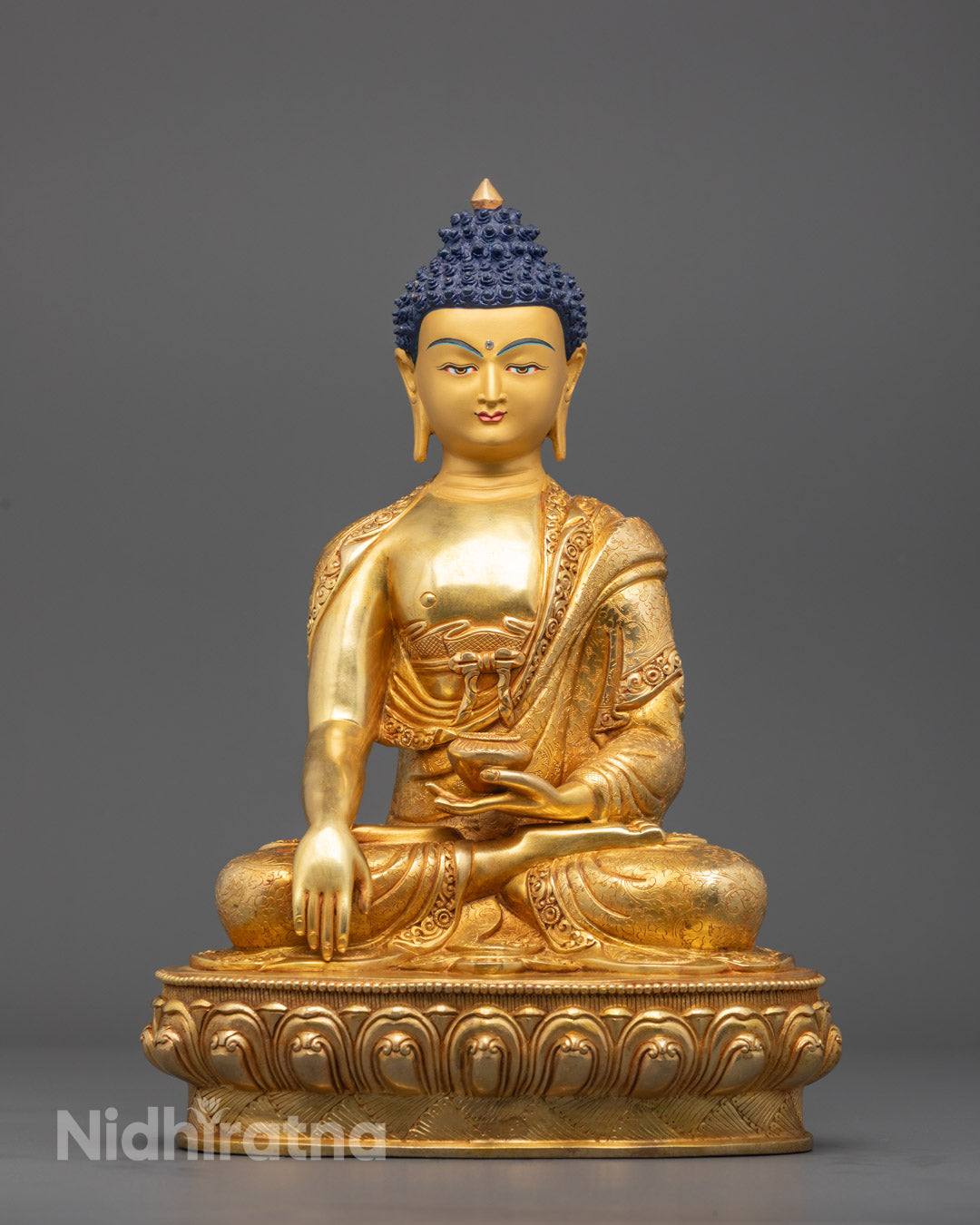 Handcrafted Meditating Shakyamuni Buddha Statue with Gold-Gilded Face and 24k Fire-Gilded Body by Nepalese Artisan