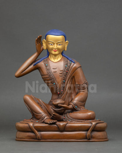 Handcrafted Milarepa statue, Himalayan copper, oxidized finish, meditation decor