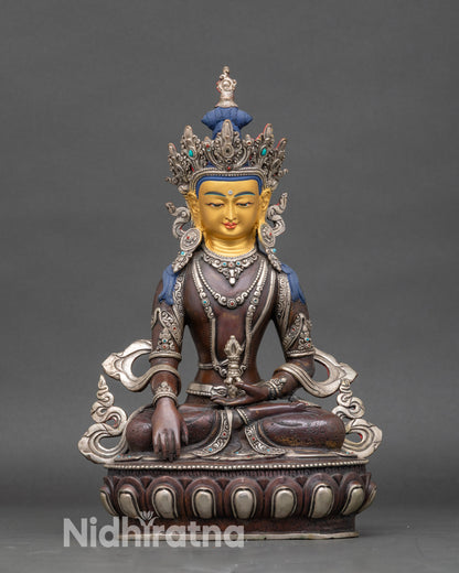 Handcrafted Mitrugpa statue showing Bhumisparsha mudra with gold-painted face