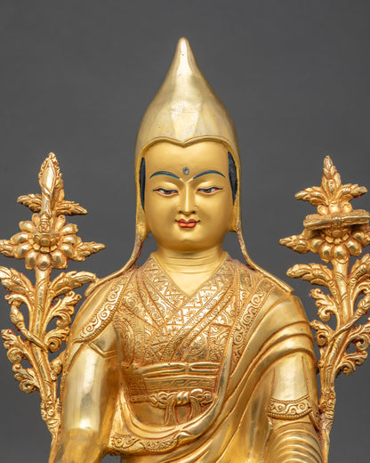 Handcrafted Nepalese Longchenpa figurine with pandita hat and lotus seat for spiritual devotion