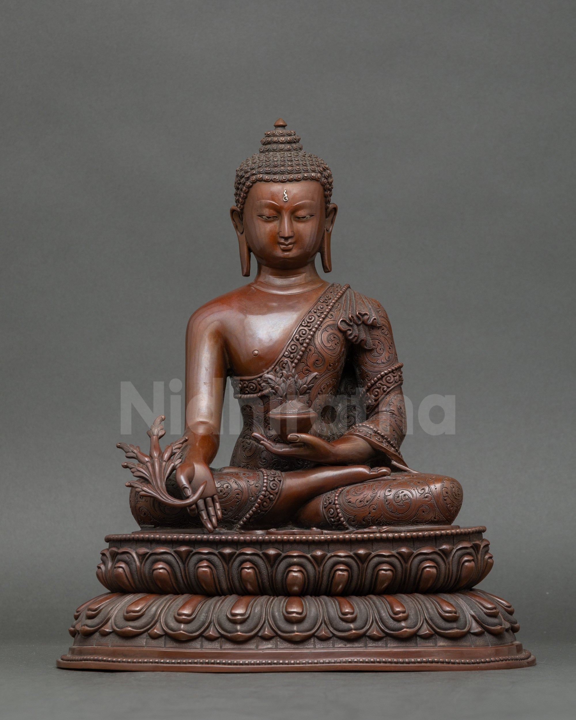 Handcrafted Nepalese Medicine Buddha statue from Patan, seated on a lotus throne