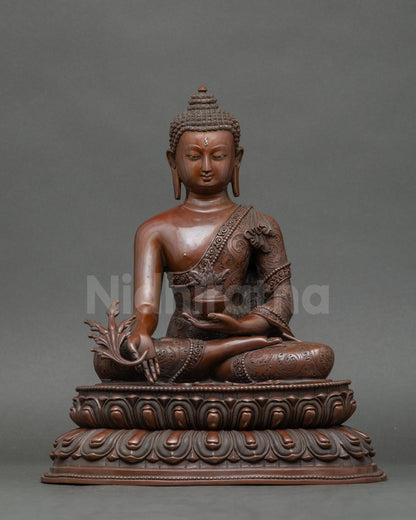 Handcrafted Nepalese Medicine Buddha statue from Patan, seated on a lotus throne