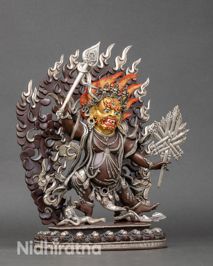 Handcrafted Nepalese Talka Mebar sculpture showing ritual implements and protective pose