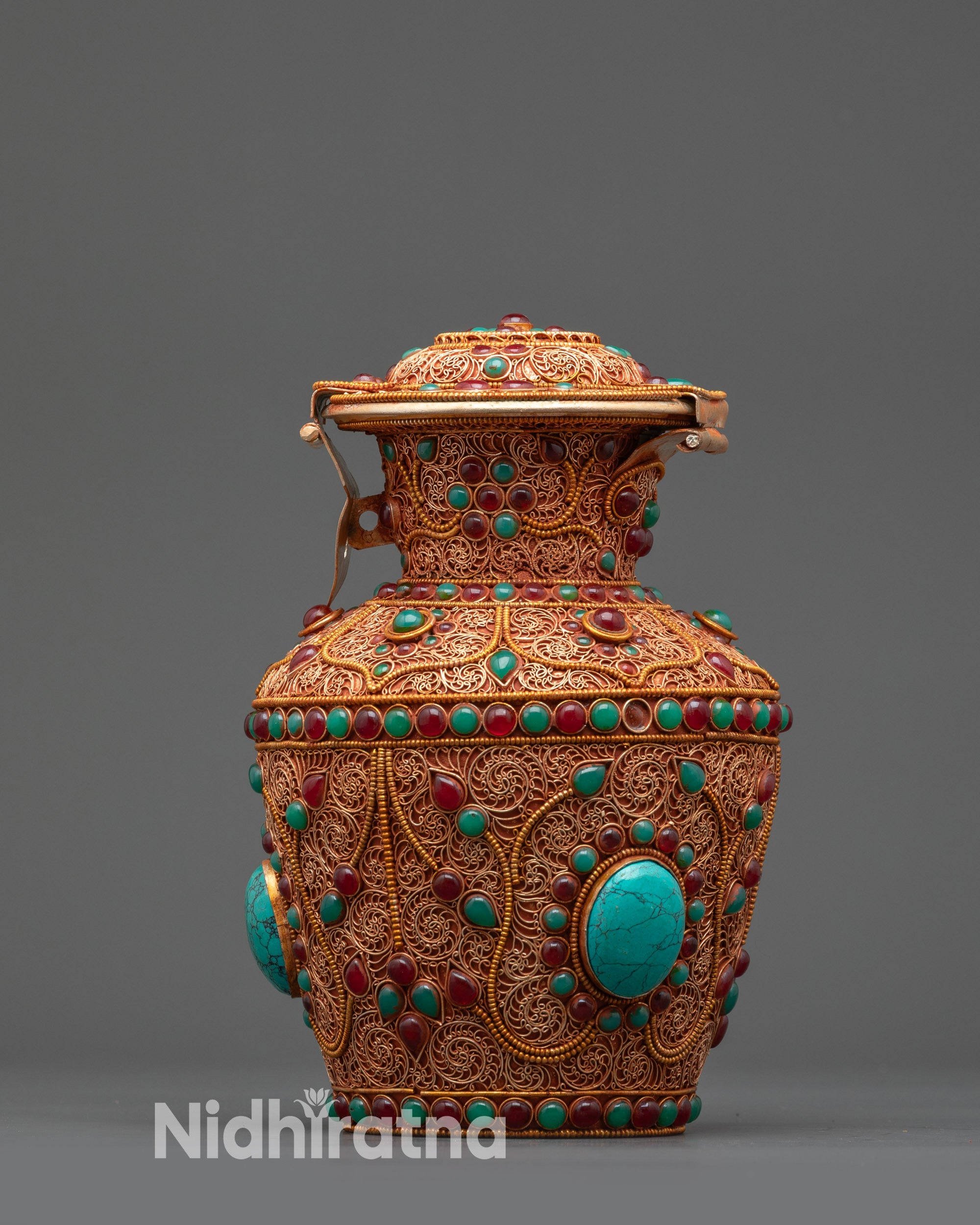 Handcrafted Nepalese Treasure Vase with intricate filigree and gemstone design