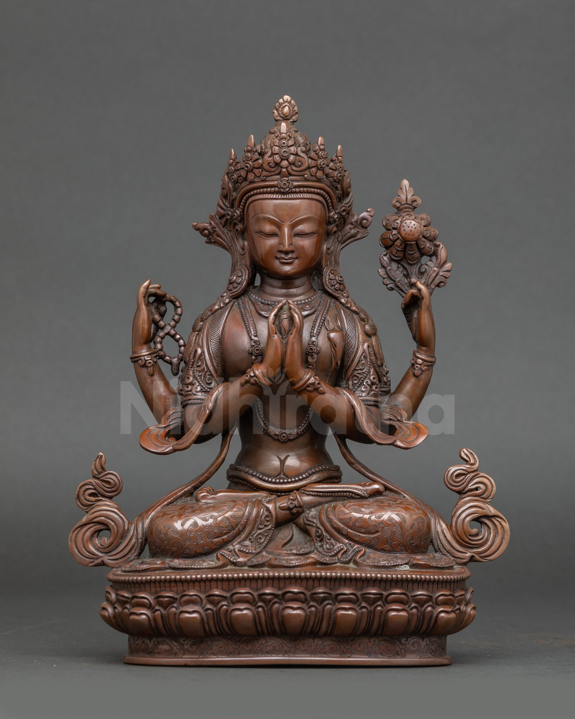 Handcrafted Nepalese copper Chenrezig with oxidized finish for meditation