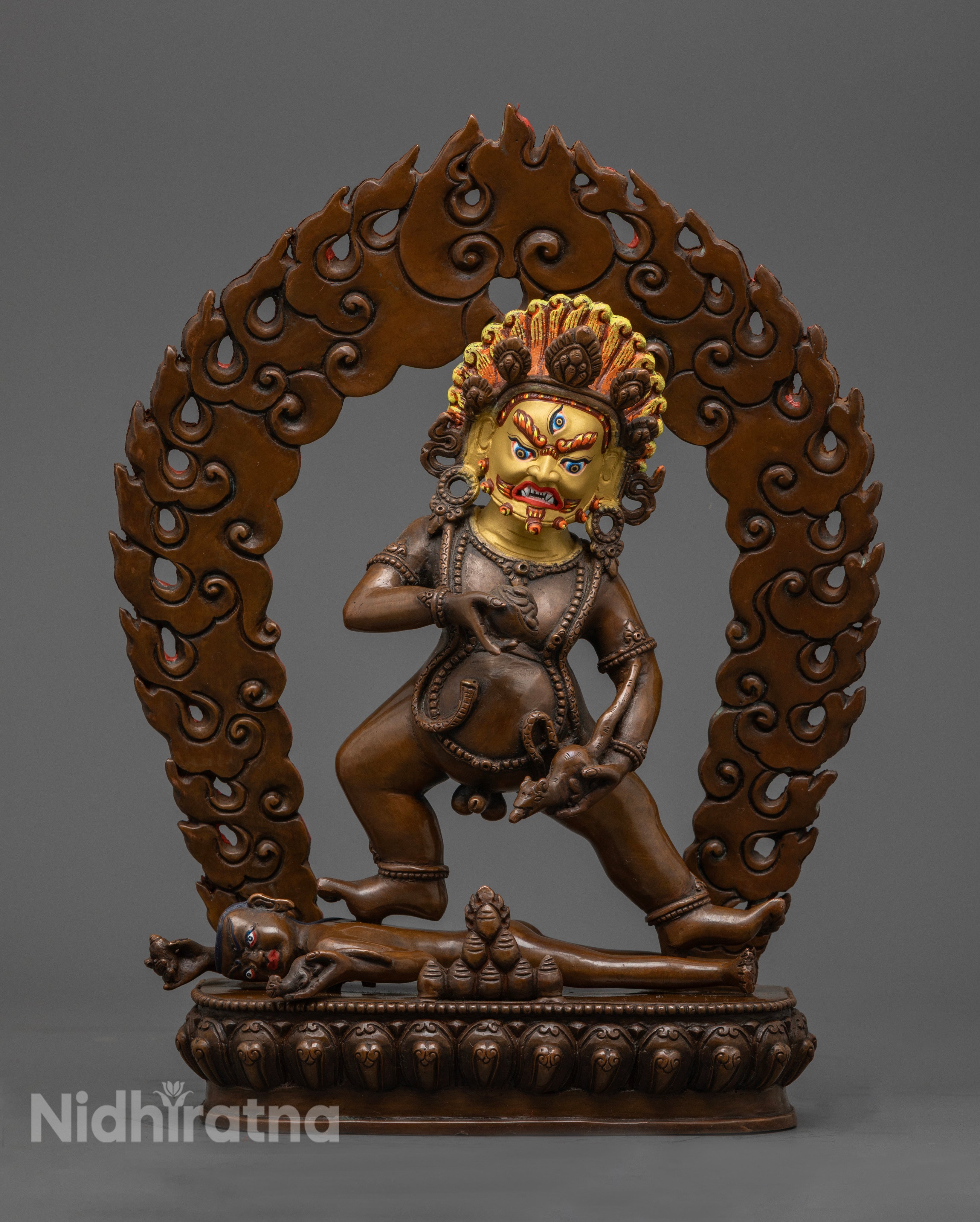 Handcrafted Oxidized Black Dzambhala Statue with 24K Gold-Gilded Face and Vibrant Acrylic Colors