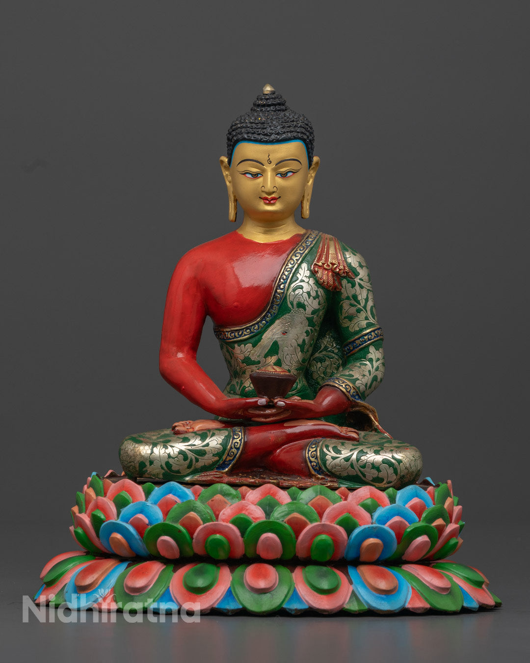 Handcrafted Red Amitabha Buddha Statue with gold-gilded face and red copper body symbolizing compassion and transformation in Buddhist tradition