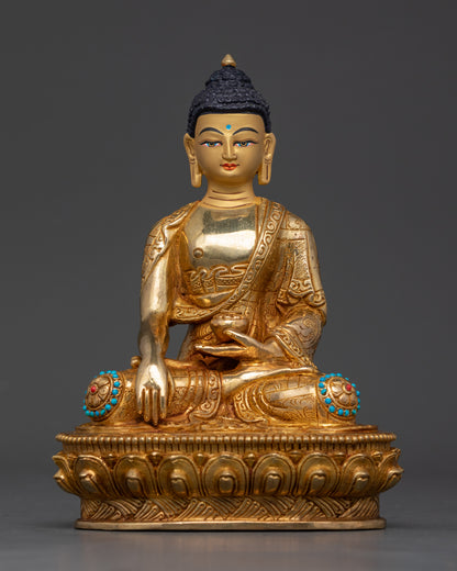 Handcrafted Sakyamuni Buddha statue with 24K gold face on lotus pedestal