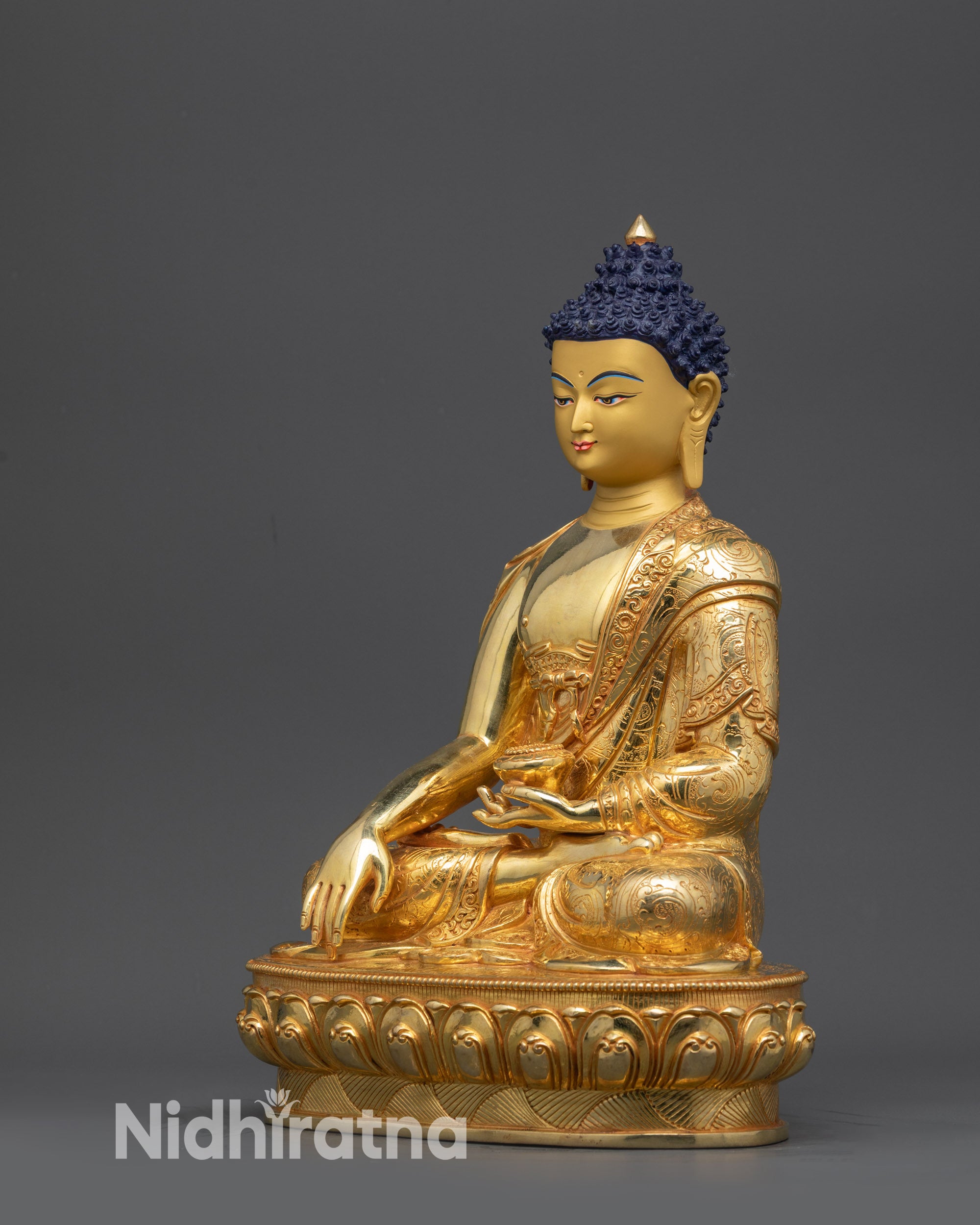 Handcrafted Shakyamuni Buddha Sculpture Showing Earth-Touching Mudra and Patra Bowl