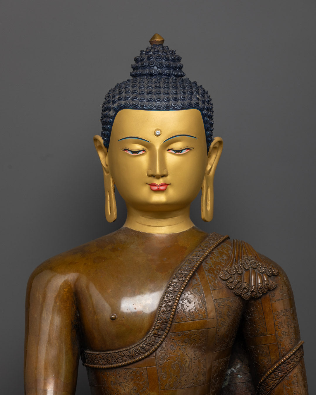 Handcrafted Shakyamuni Buddha Statue in Kasaya Robe with Intricate Carvings