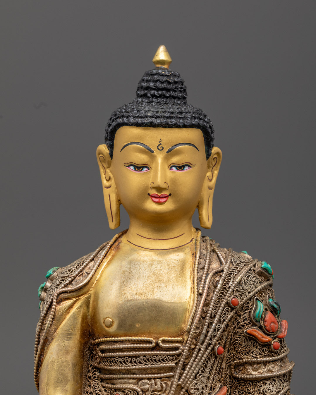 Handcrafted Shakyamuni Buddha on lotus throne, wearing Samghati robe with intricate carvings, symbolizing wisdom.