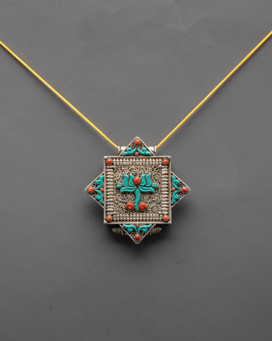 Handcrafted Silver-Plated Lotus Locket adorned with semi-precious stones