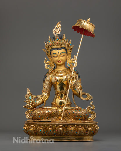Handcrafted Sitatapatra Statue’s 24K gold-gilded face and gold fire-gilded body with semi-precious stones