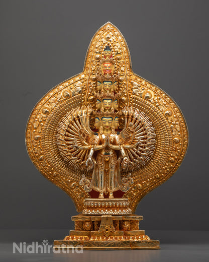 Handcrafted Thousand-Armed Avalokiteshvara Statue featuring detailed carvings and vibrant acrylic colors, symbolizing compassion and protection in Tibetan Buddhism
