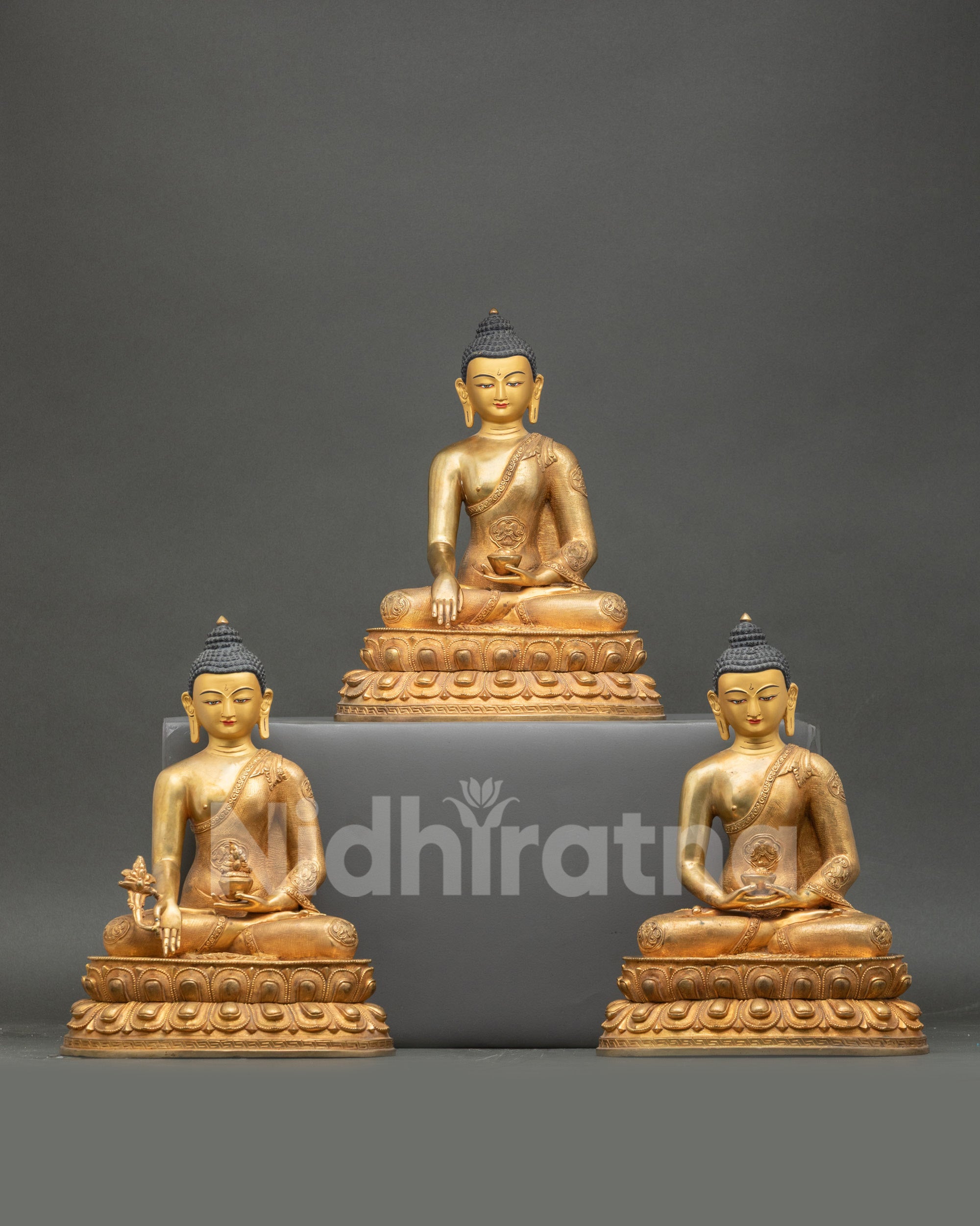Handcrafted Three Buddha Statue Set from Nepal, featuring Amitabha, Medicine, and Shakyamuni