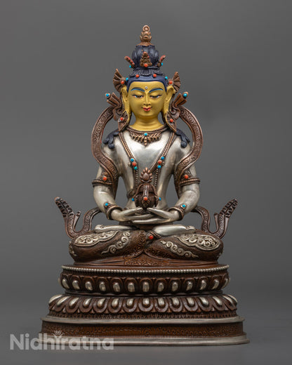 Handcrafted Tibetan Amitayus Buddha Statue with 24k Gold-Gilded Face and Silver-Plated Body