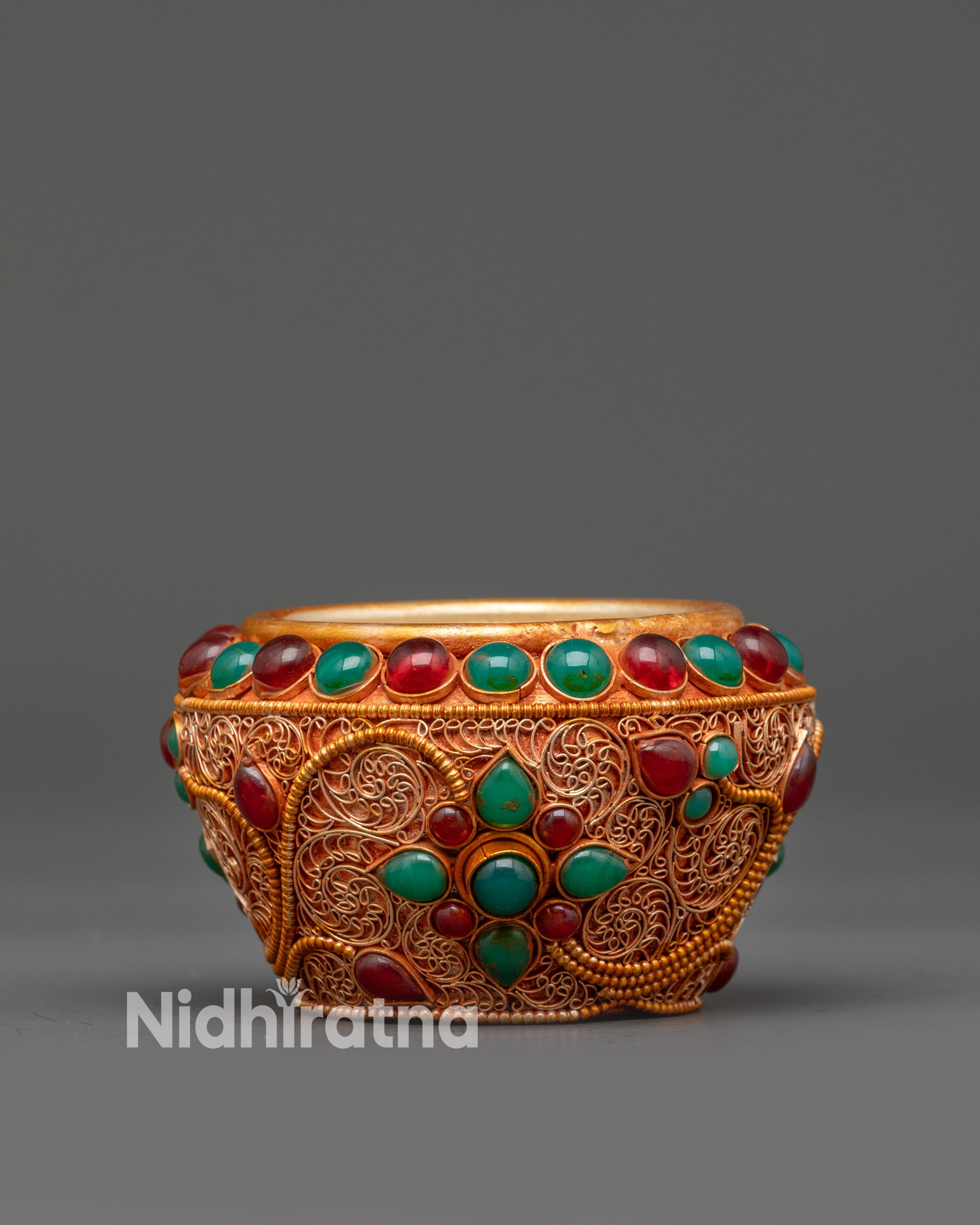Handcrafted Tibetan Rice Pot with Gold-Plated Filigree and Gemstones Nepal