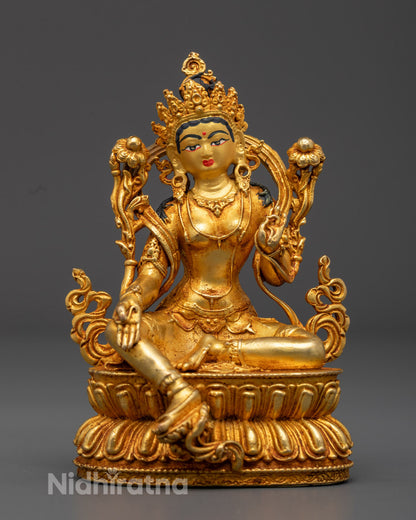 Handcrafted Traditional Green Tara Statue with 24k Gold-Gilded Face and Body