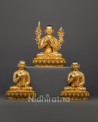 Handcrafted Tsongkhapa Statue Set – 24k Gold-Gilded Copper Statues on Lotus Thrones for Meditation