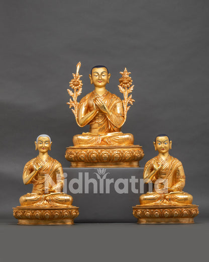 Handcrafted Tsongkhapa Statue Set with disciples on lotus throne, Nepalese Buddhist art