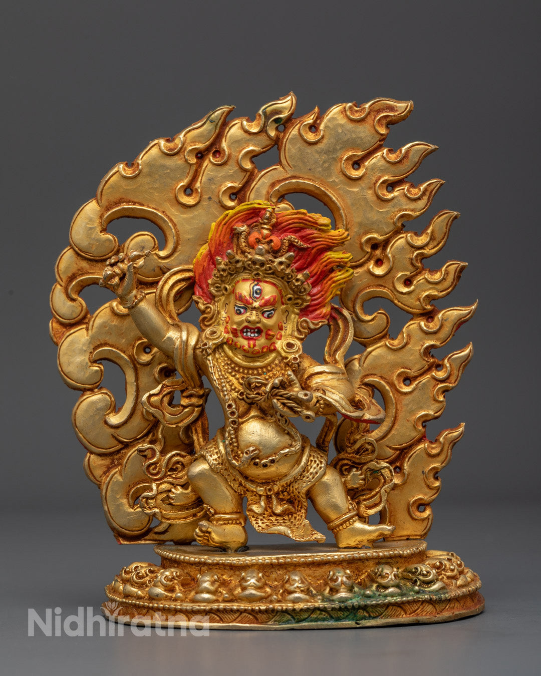 Handcrafted Vajrapani Deity Statue with gold-gilded face and copper base showing intricate robe and jewelry carvings

 showing intricate robe and jewelry carvings