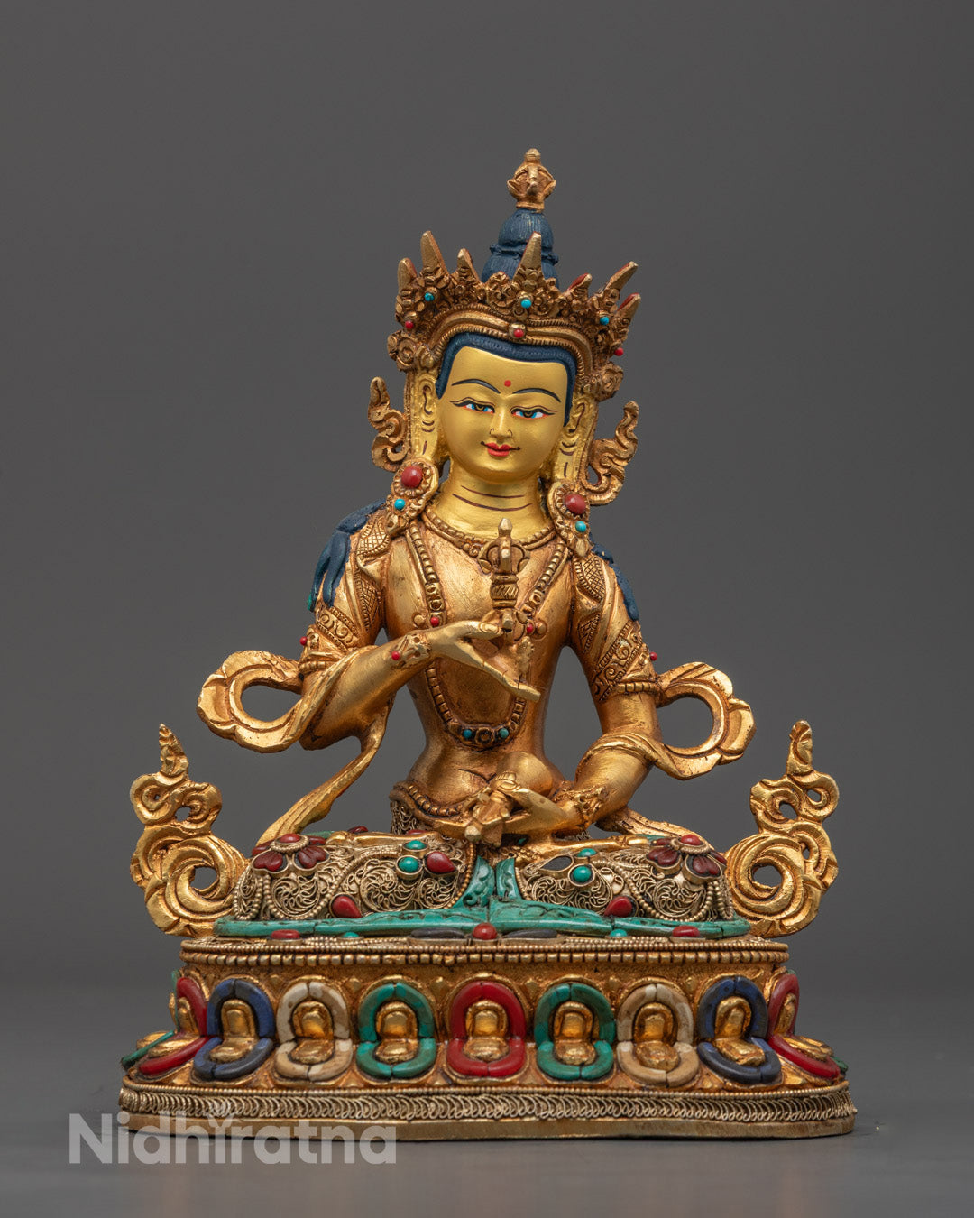Handcrafted Vajrasattva Statue with 24k Gold Fire Gilding and Semi-Precious Stones – Tibetan Buddhist Art from Nepal