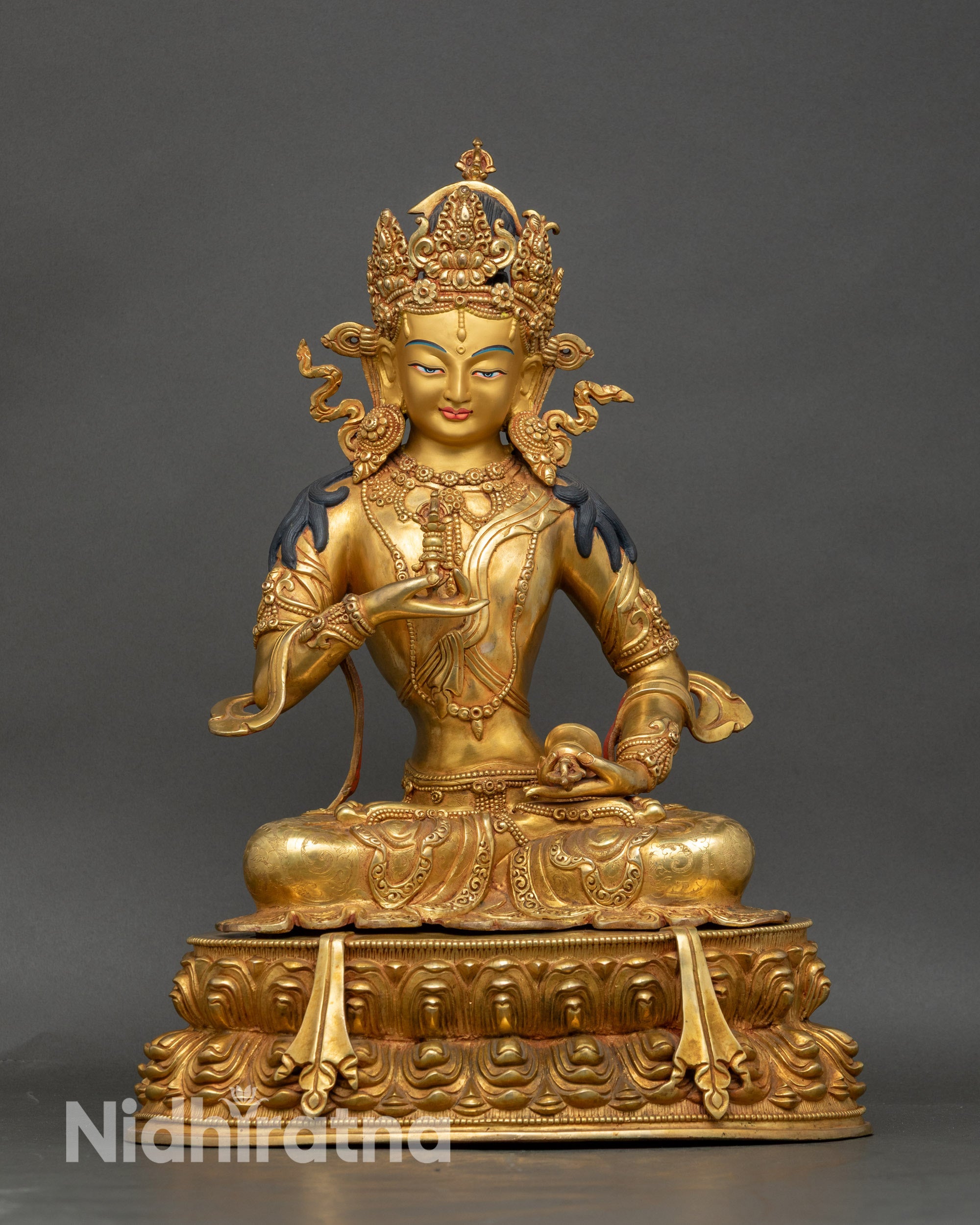 Handcrafted Vajrasattva statue from Patan, Nepal, fire-gilded with 24K gold